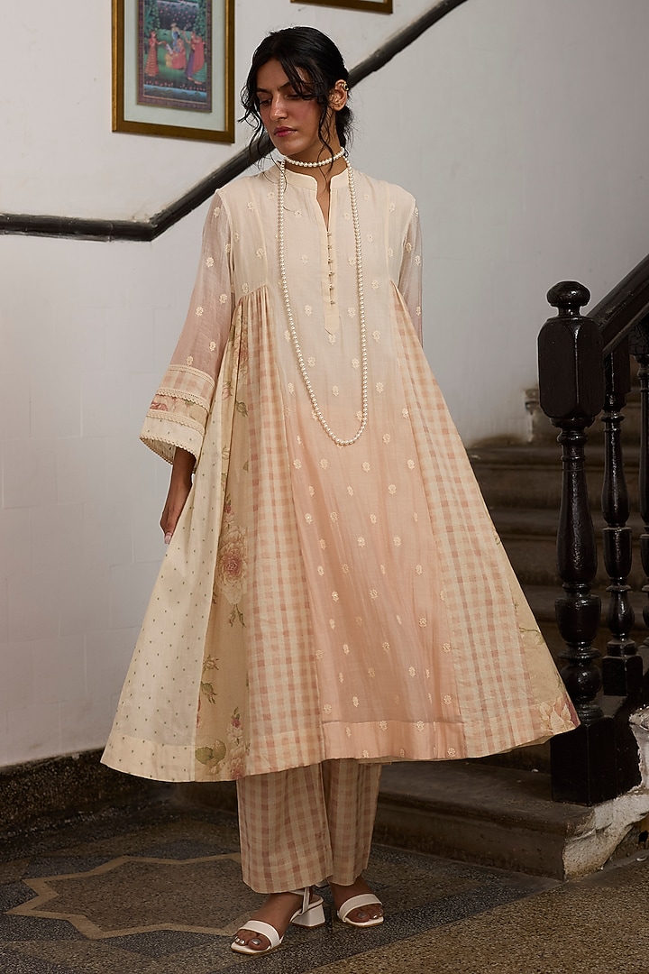Peach Khadi Gingham Pattern Straight Pants by Khyati Rughani at Pernia's Pop Up Shop