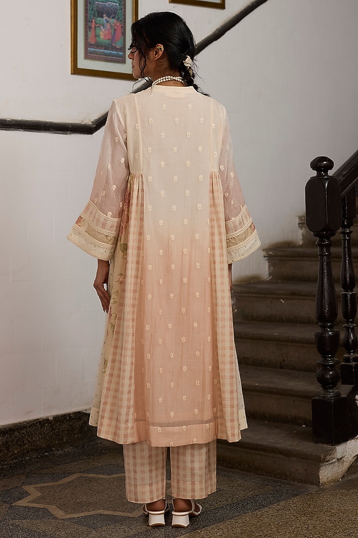 Peach Khadi Gingham Pattern Straight Pants by Khyati Rughani at Pernia's Pop Up Shop