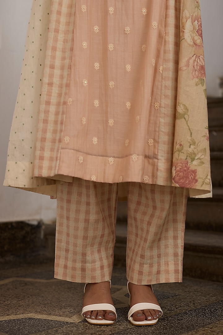 Peach Khadi Gingham Pattern Straight Pants by Khyati Rughani at Pernia's Pop Up Shop