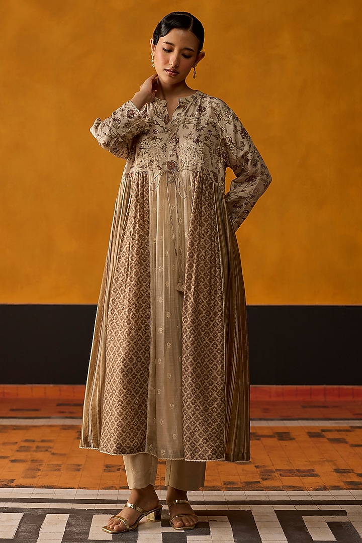 Beige & Brown Silk Floral Printed Kurta Set by Khyati Rughani at Pernia's Pop Up Shop