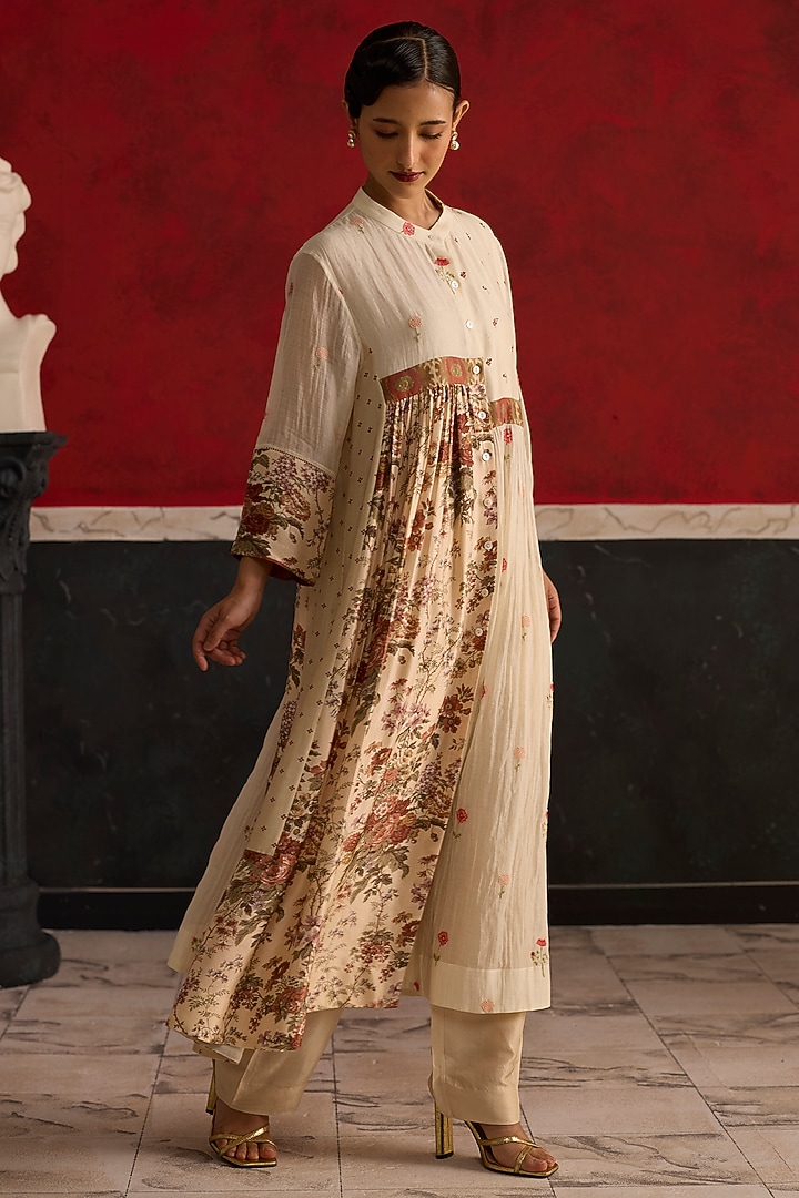Beige & Peach Silk Floral Embroidered Asymmetric Tunic Set by Khyati Rughani at Pernia's Pop Up Shop