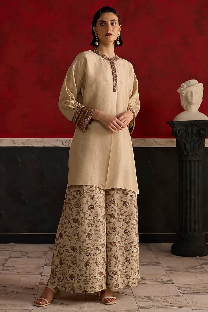 Brown & Beige Silk Floral Printed Kurta Set by Khyati Rughani at Pernia's Pop Up Shop