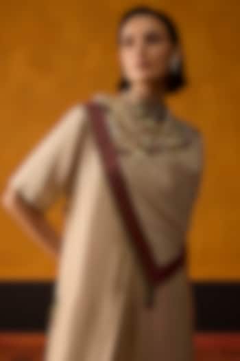 Beige & Burgundy Silk Printed Scarf by Khyati Rughani at Pernia's Pop Up Shop