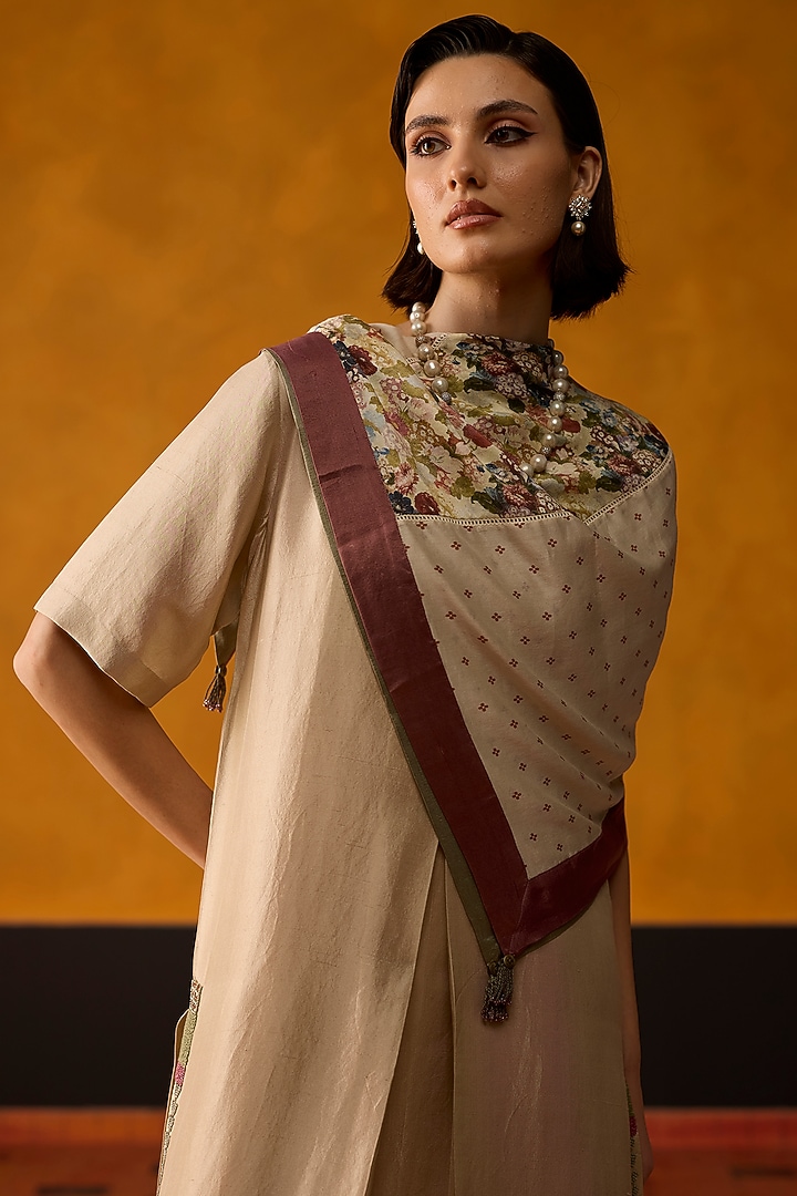 Beige & Burgundy Silk Printed Scarf by Khyati Rughani at Pernia's Pop Up Shop