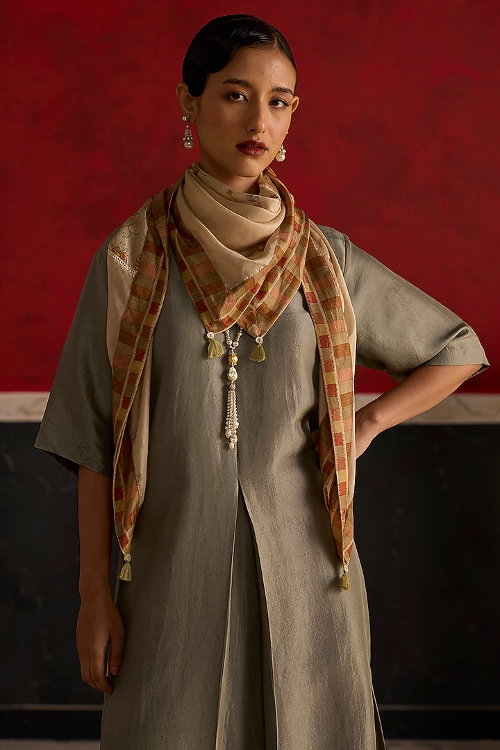Peach & Beige Silk Printed Scarf by Khyati Rughani at Pernia's Pop Up Shop