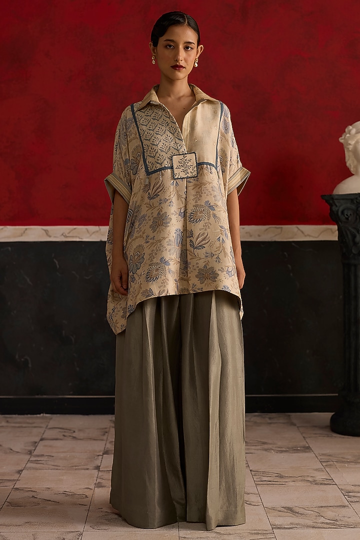 Beige & Blue Silk Patch Embroidered Co-Ord Set by Khyati Rughani at Pernia's Pop Up Shop