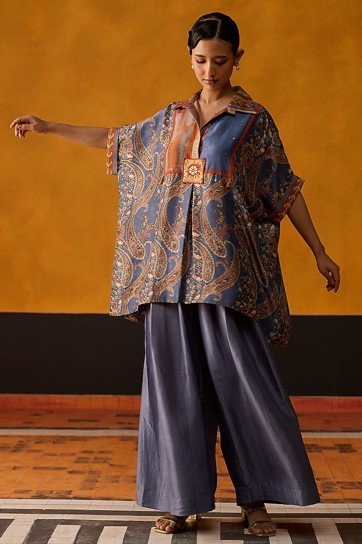 Peach & Blue Silk Patch Embroidered Co-Ord Set by Khyati Rughani at Pernia's Pop Up Shop