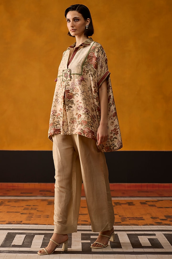 Beige & Peach Silk Patch Embroidered Co-Ord Set by Khyati Rughani at Pernia's Pop Up Shop
