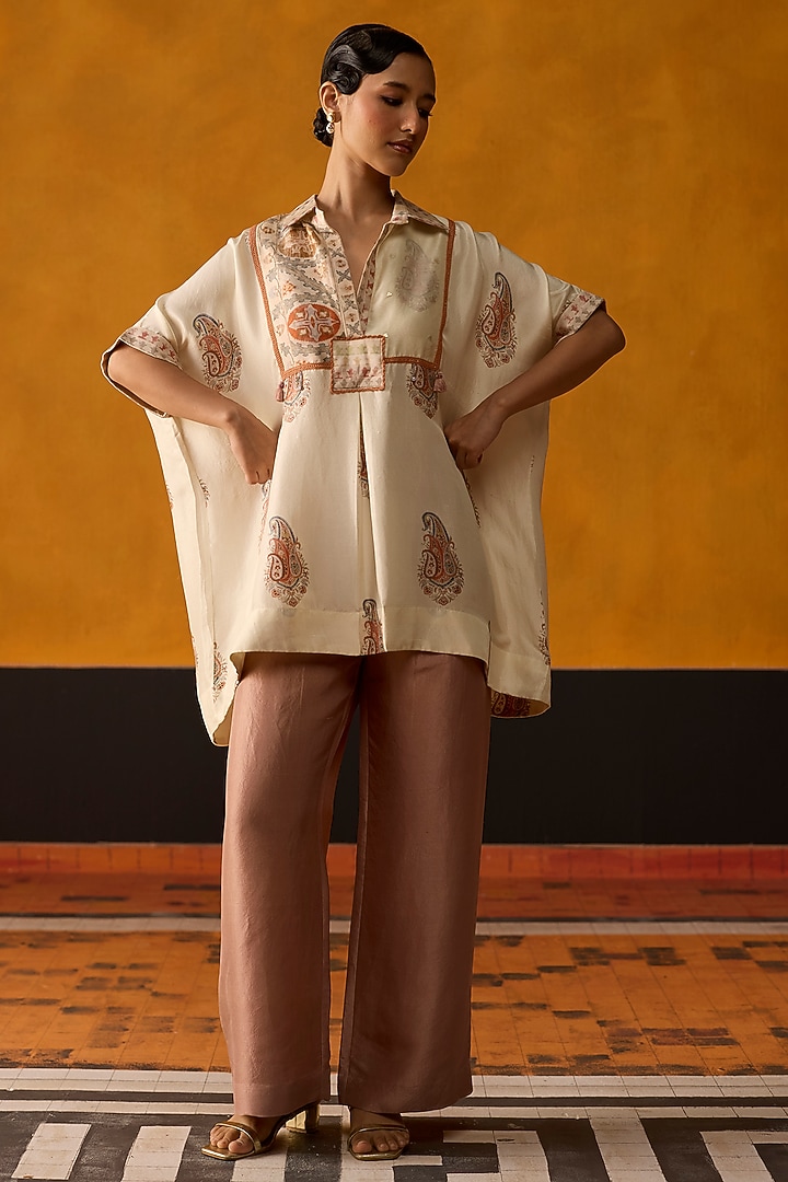 Off-White & Pink Silk Patch Embroidered Co-Ord Set by Khyati Rughani at Pernia's Pop Up Shop