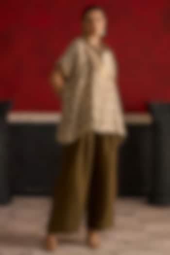 Brown & Beige Silk Patch Embroidered Co-Ord Set by Khyati Rughani at Pernia's Pop Up Shop