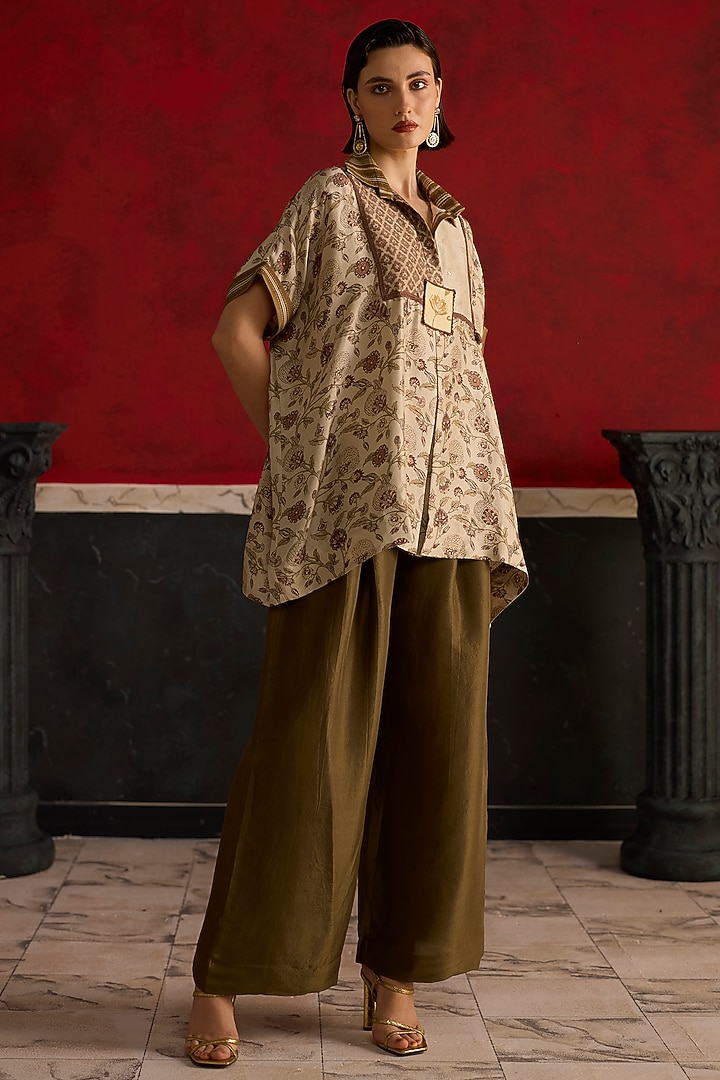 Brown & Beige Silk Patch Embroidered Co-Ord Set by Khyati Rughani at Pernia's Pop Up Shop