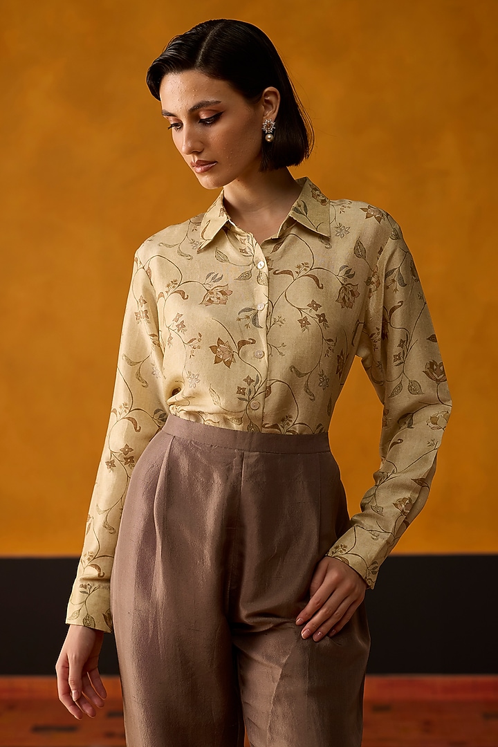 Green Silk Floral Printed Shirt by Khyati Rughani at Pernia's Pop Up Shop