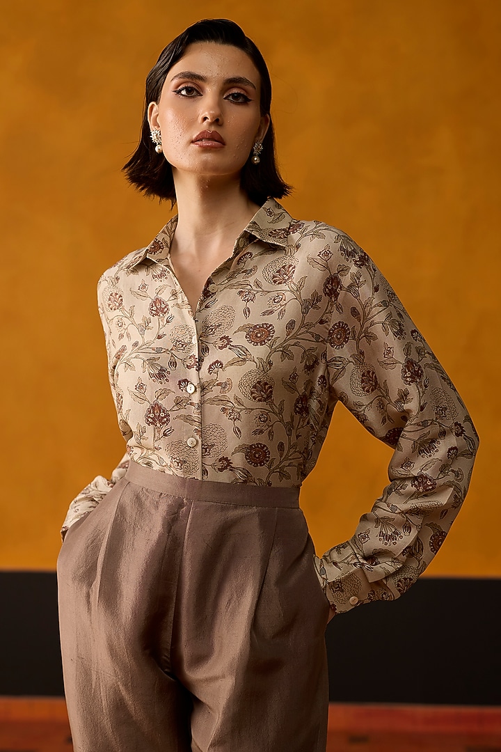 Brown Silk Floral Printed Shirt by Khyati Rughani at Pernia's Pop Up Shop