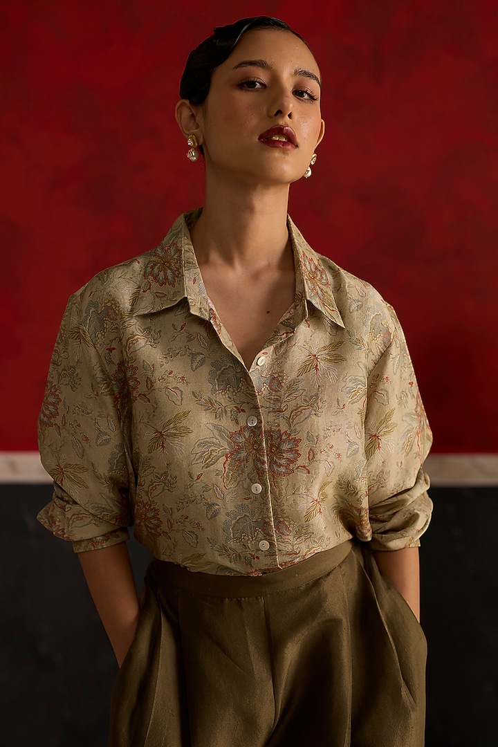 Green & Blue Silk Floral Printed Shirt by Khyati Rughani at Pernia's Pop Up Shop