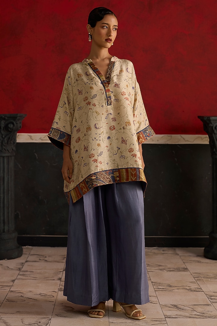 Beige & Blue Silk Printed Co-Ord Set by Khyati Rughani at Pernia's Pop Up Shop