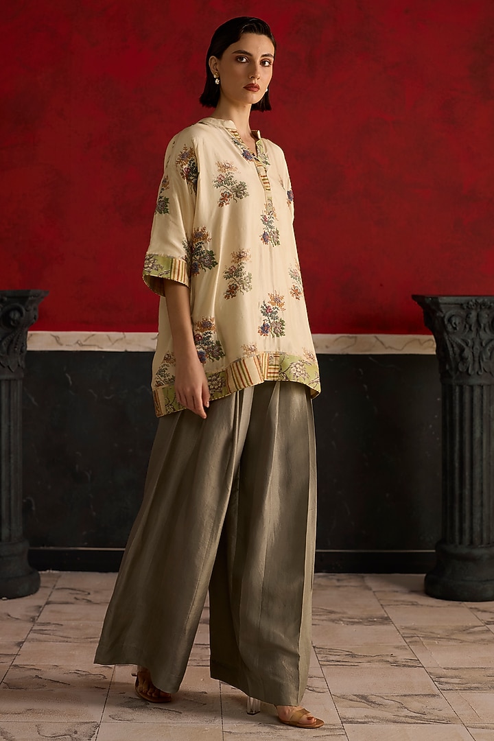 Beige & Green Silk Printed Co-Ord Set by Khyati Rughani at Pernia's Pop Up Shop