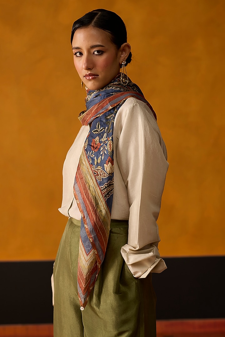 Blue Silk Paisley Printed Scarf by Khyati Rughani at Pernia's Pop Up Shop