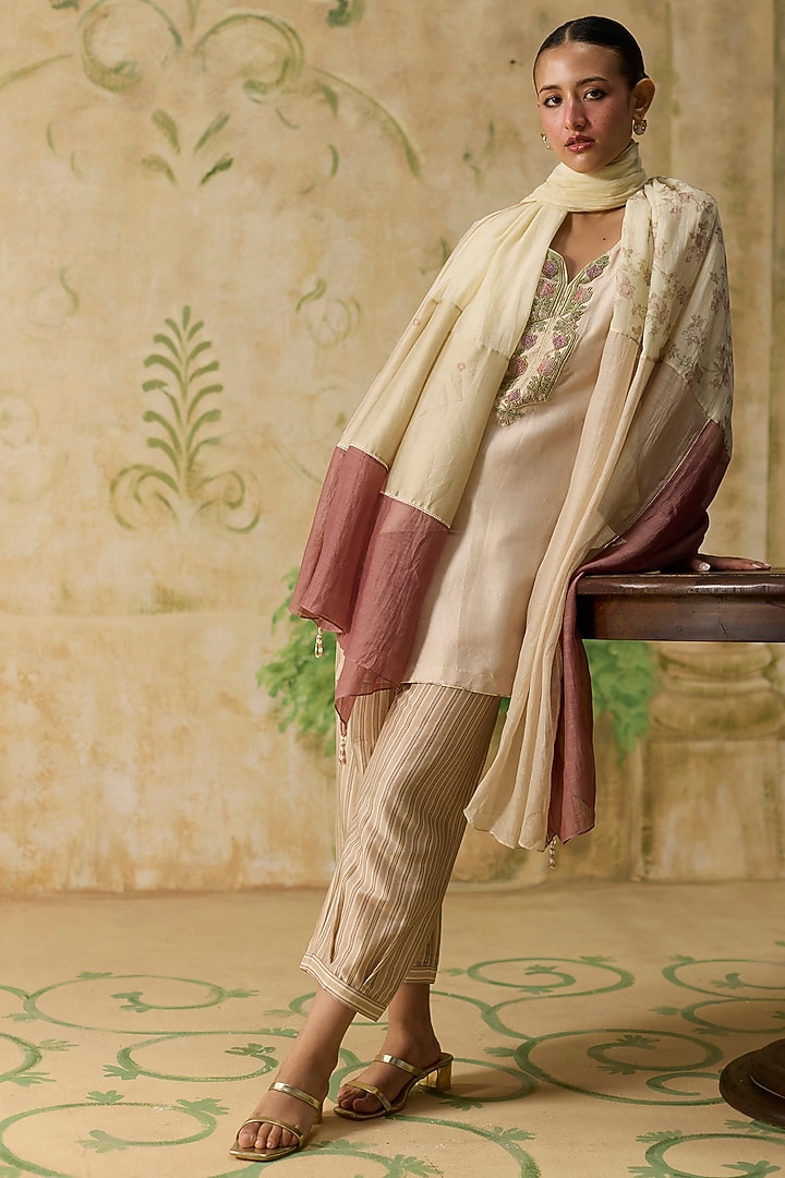 Beige & Pink Silk Beads Embellished Short Kurta Set by Khyati Rughani at Pernia's Pop Up Shop