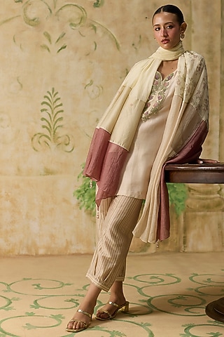 Beige & Pink Silk Beads Embellished Short Kurta Set by Khyati Rughani