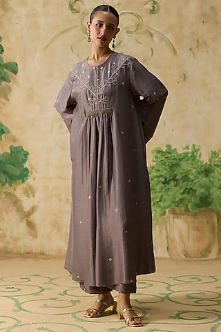 Brown Silk Bandhani Printed Long Kurta Set by Khyati Rughani