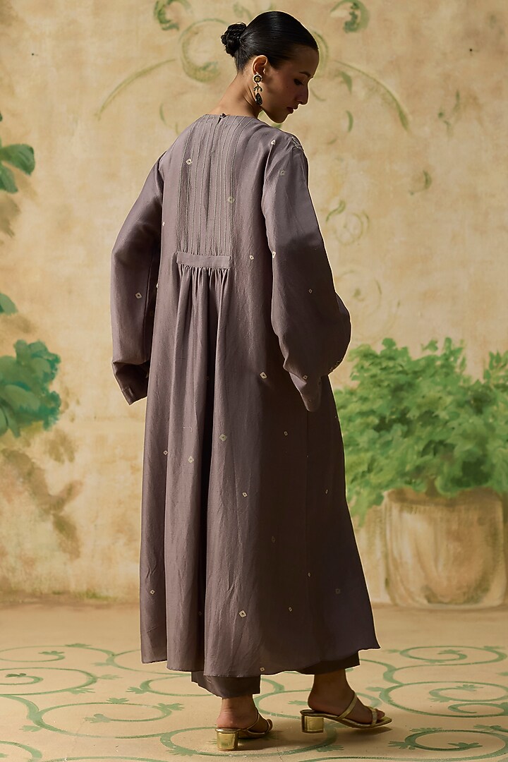 Brown Silk Bandhani Printed Long Kurta Set by Khyati Rughani at Pernia's Pop Up Shop