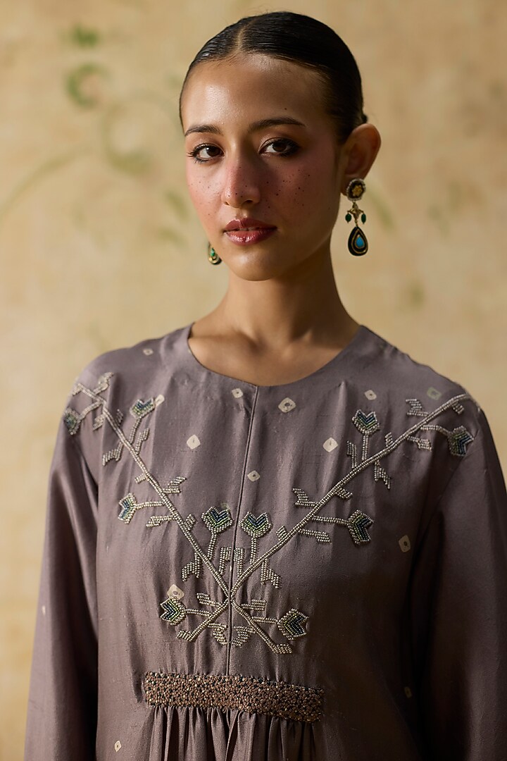 Brown Silk Bandhani Printed Long Kurta Set by Khyati Rughani at Pernia's Pop Up Shop