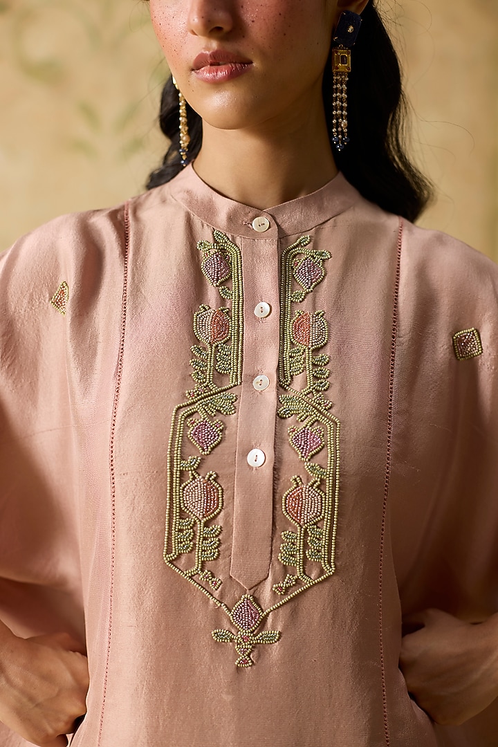 Pink Silk Beads Embroidered Kaftan Set by Khyati Rughani at Pernia's Pop Up Shop