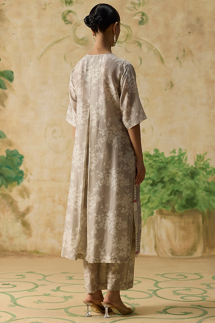 Grey & Beige Silk Floral Pattern Straight Kurta Set by Khyati Rughani at Pernia's Pop Up Shop