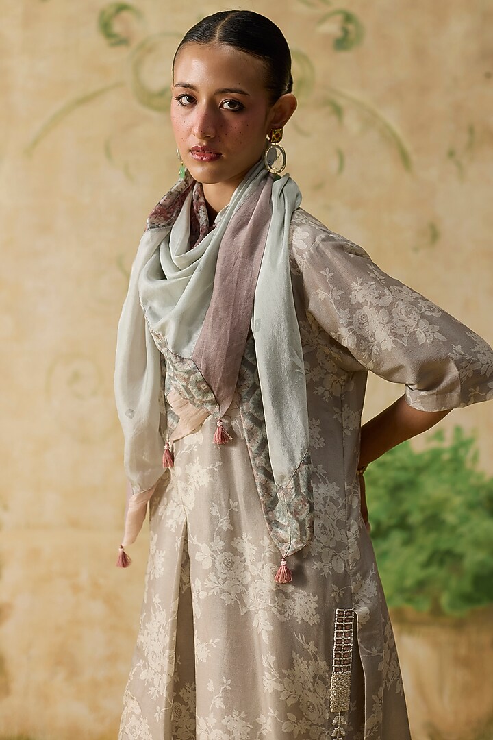 Grey & Beige Silk Floral Pattern Straight Kurta Set by Khyati Rughani at Pernia's Pop Up Shop