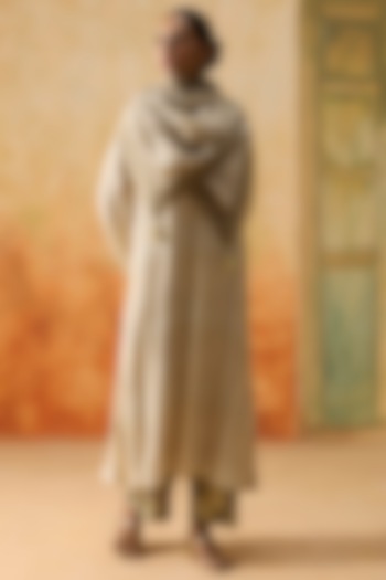 Beige Silk Printed A-Line Kurta Set by Khyati Rughani at Pernia's Pop Up Shop