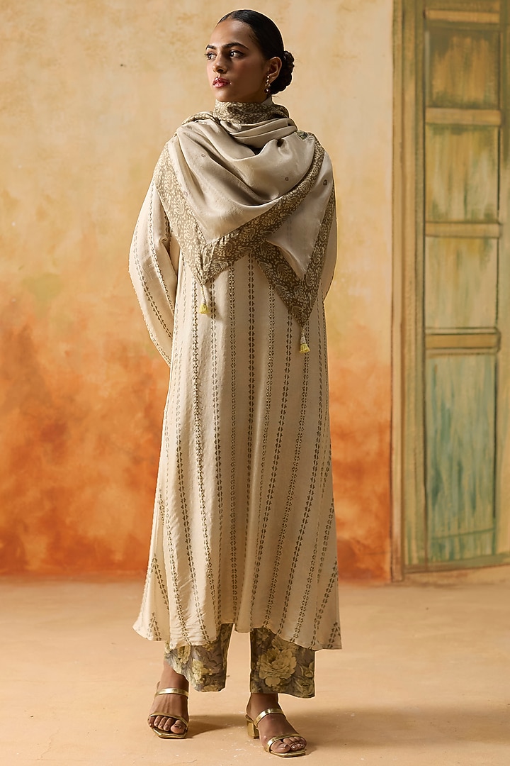 Beige Silk Printed A-Line Kurta Set by Khyati Rughani at Pernia's Pop Up Shop
