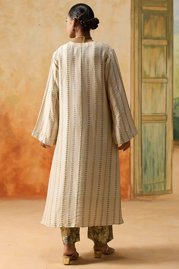Beige Silk Printed A-Line Kurta Set by Khyati Rughani at Pernia's Pop Up Shop