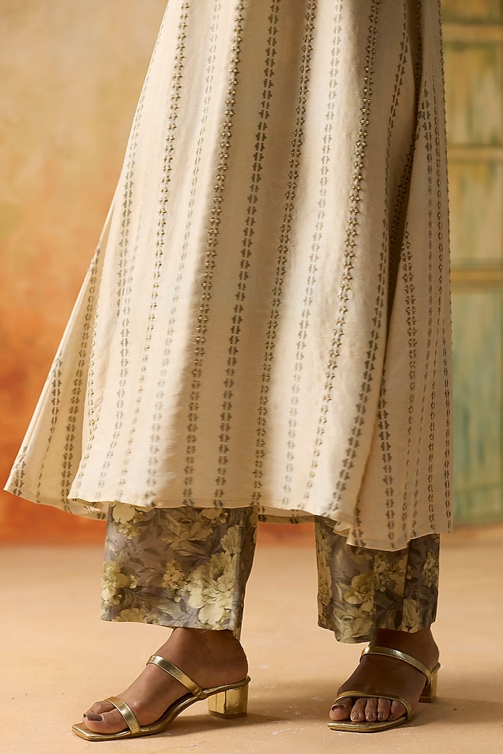 Beige Silk Printed A-Line Kurta Set by Khyati Rughani at Pernia's Pop Up Shop