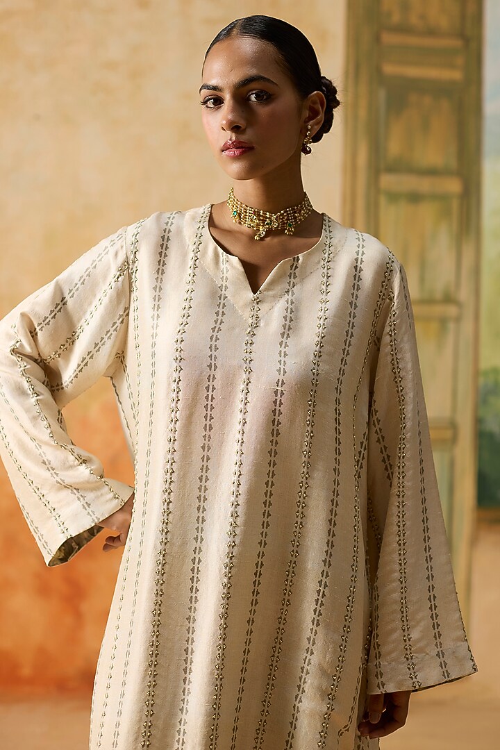 Beige Silk Printed A-Line Kurta Set by Khyati Rughani at Pernia's Pop Up Shop