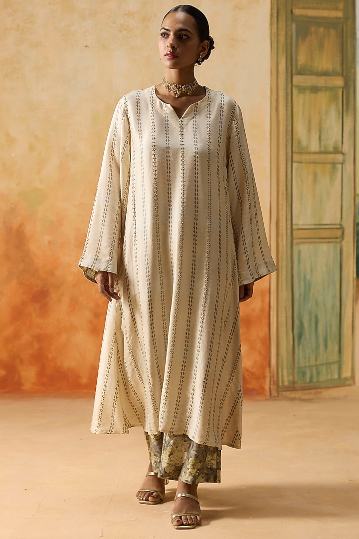 Beige Silk Printed A-Line Kurta Set by Khyati Rughani at Pernia's Pop Up Shop