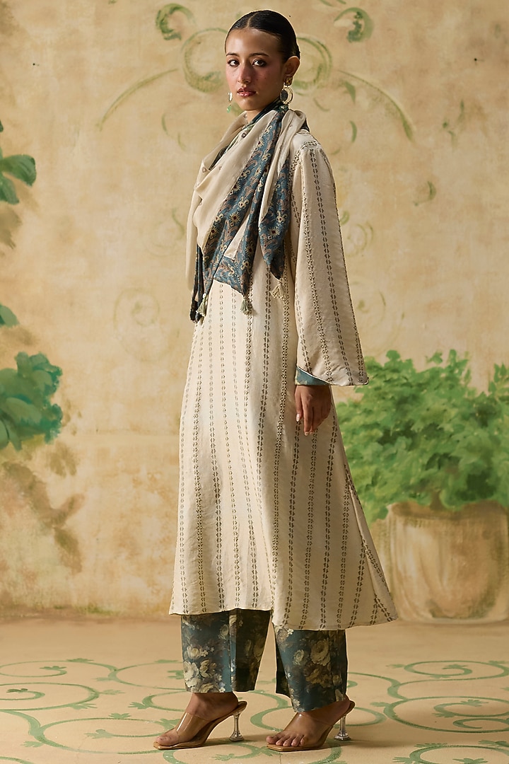 Beige Silk Printed A-Line Kurta Set by Khyati Rughani at Pernia's Pop Up Shop