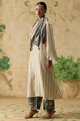 Beige Silk Printed A-Line Kurta Set by Khyati Rughani