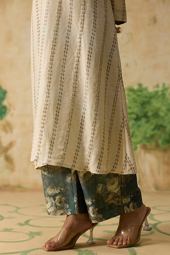 Beige Silk Printed A-Line Kurta Set by Khyati Rughani at Pernia's Pop Up Shop