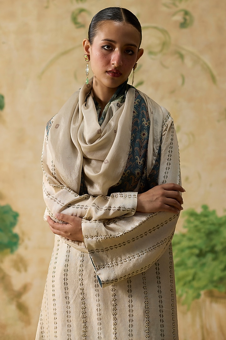 Beige Silk Printed A-Line Kurta Set by Khyati Rughani at Pernia's Pop Up Shop