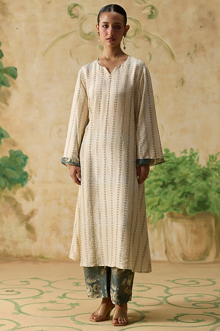 Beige Silk Printed A-Line Kurta Set by Khyati Rughani at Pernia's Pop Up Shop