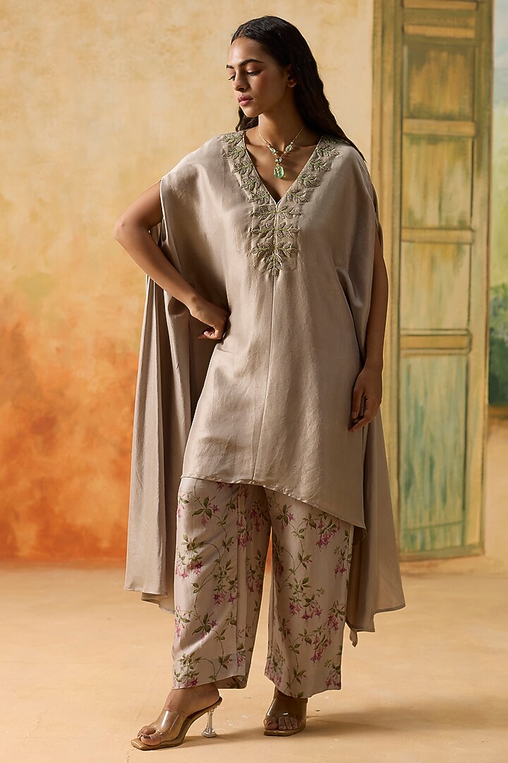 Light Grey Silk Embroidered Co-Ord Set by Khyati Rughani at Pernia's Pop Up Shop