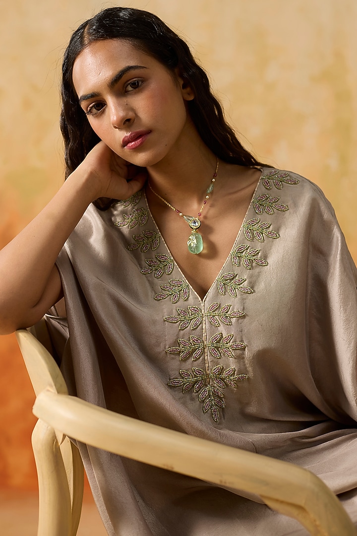 Light Grey Silk Embroidered Co-Ord Set by Khyati Rughani at Pernia's Pop Up Shop