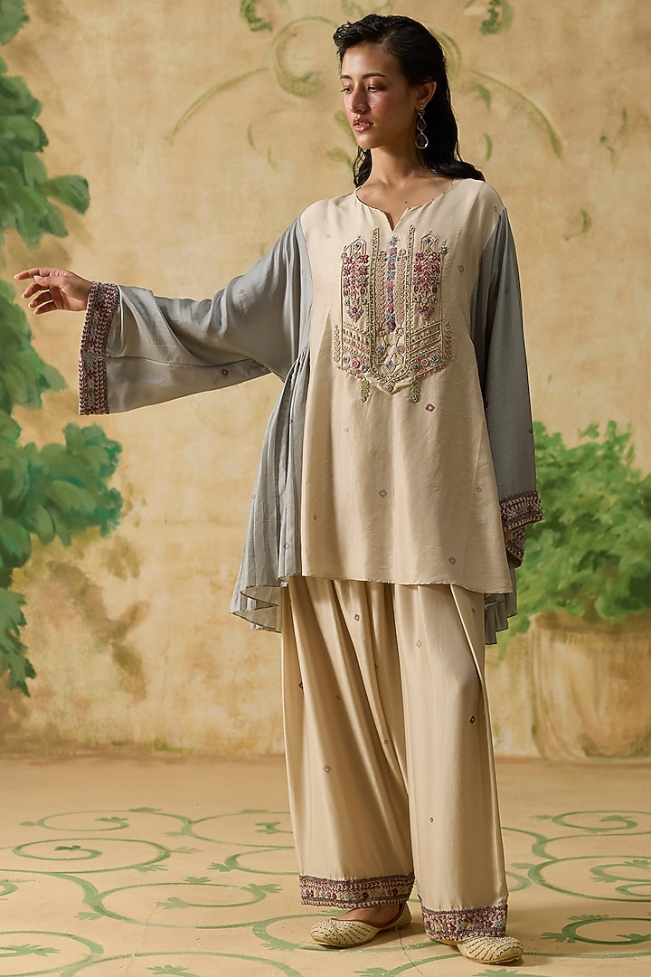 Beige & Light Blue Silk Pleated Short Kurta Set by Khyati Rughani at Pernia's Pop Up Shop