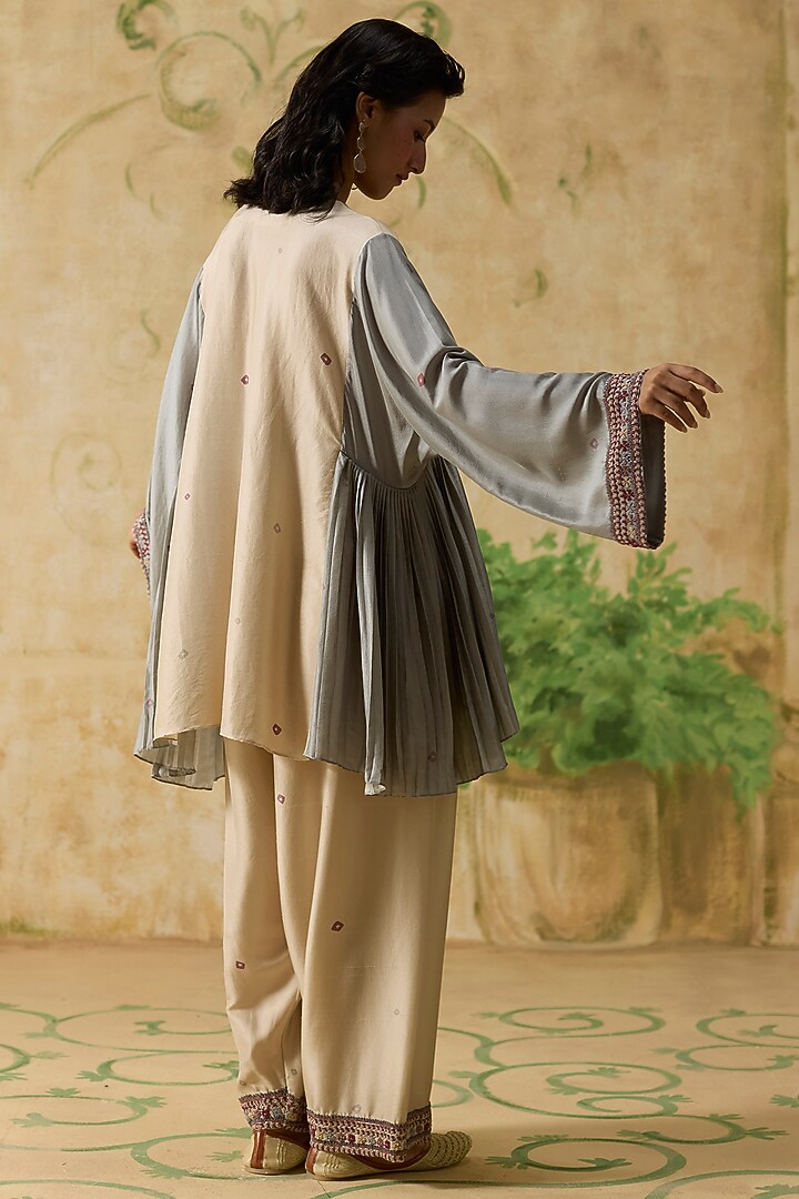 Beige & Light Blue Silk Pleated Short Kurta Set by Khyati Rughani at Pernia's Pop Up Shop