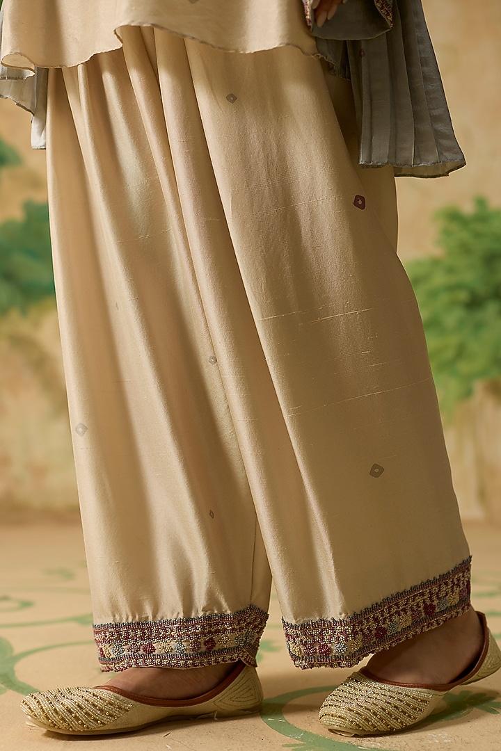 Beige & Light Blue Silk Pleated Short Kurta Set by Khyati Rughani at Pernia's Pop Up Shop