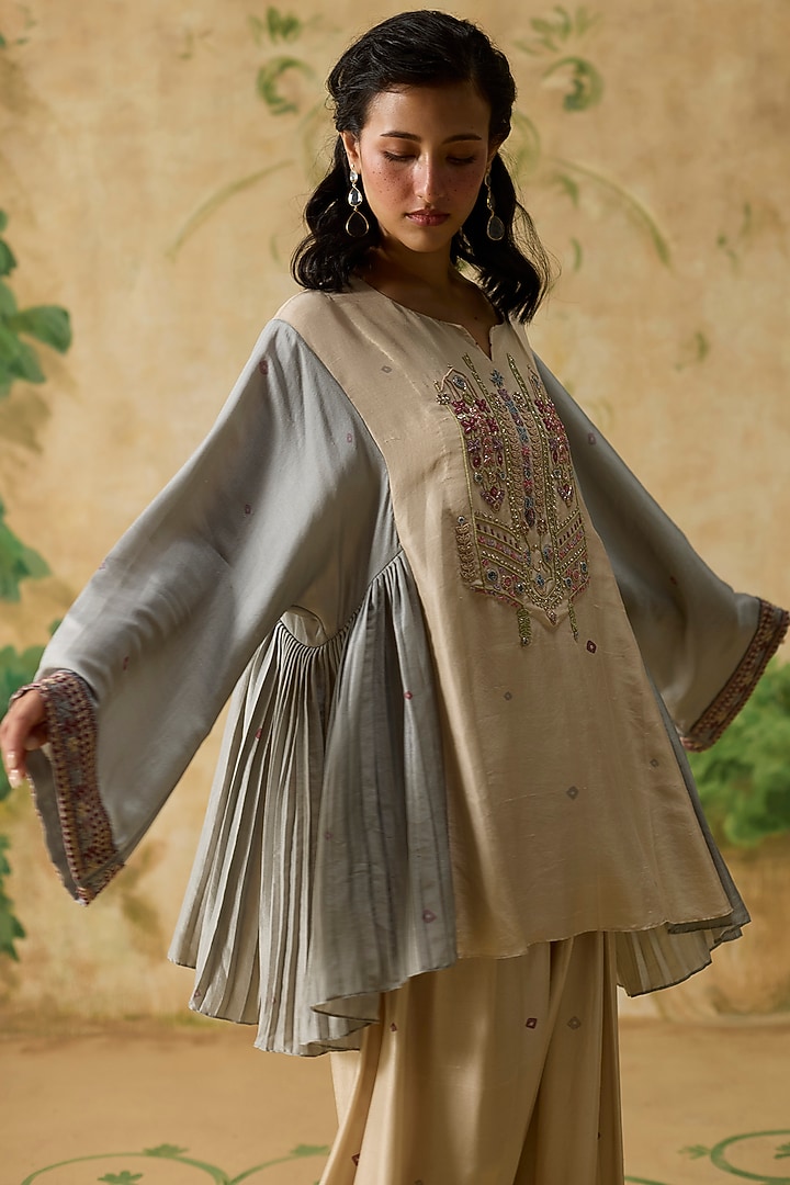 Beige & Light Blue Silk Pleated Short Kurta Set by Khyati Rughani at Pernia's Pop Up Shop