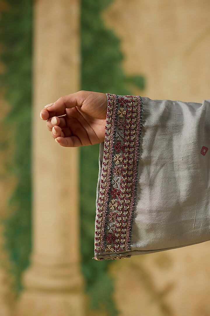 Beige & Light Blue Silk Pleated Short Kurta Set by Khyati Rughani at Pernia's Pop Up Shop