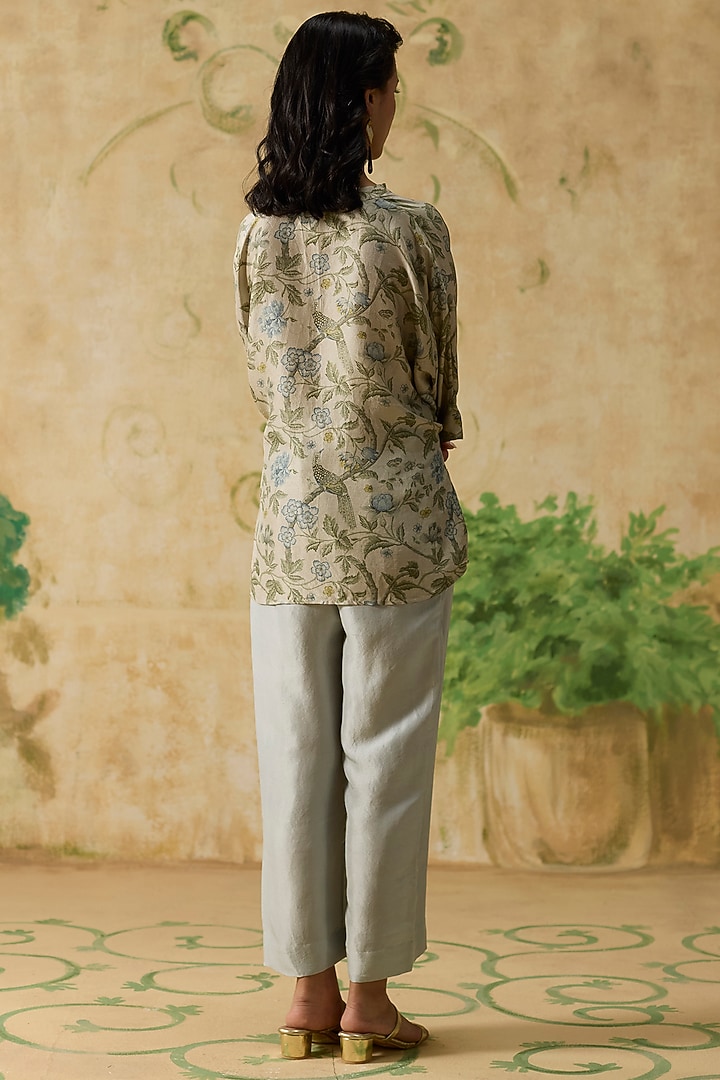Grey & Light Blue Silk Floral Printed Co-Ord Set by Khyati Rughani at Pernia's Pop Up Shop