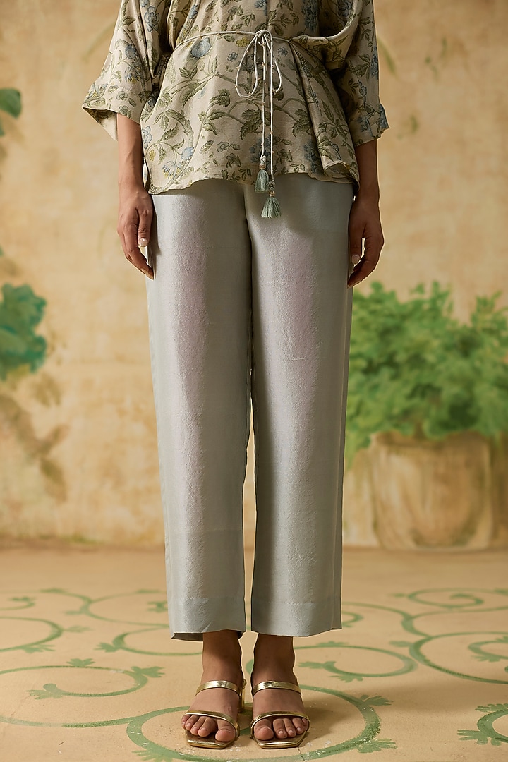 Grey & Light Blue Silk Floral Printed Co-Ord Set by Khyati Rughani at Pernia's Pop Up Shop