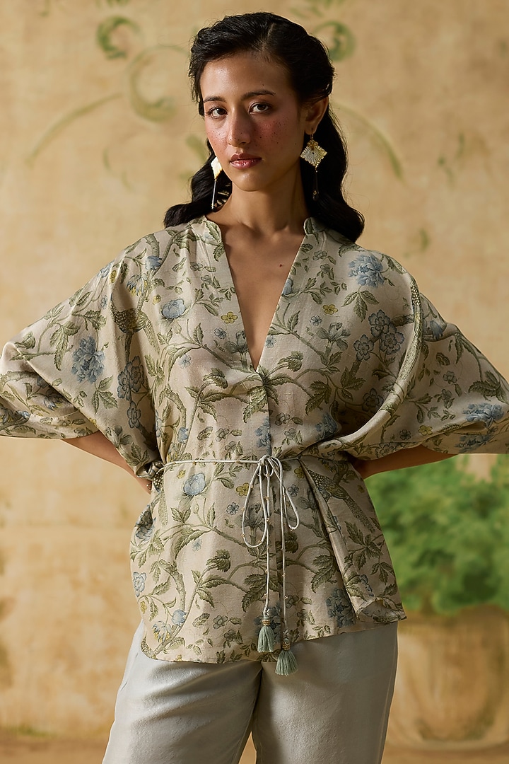 Grey & Light Blue Silk Floral Printed Co-Ord Set by Khyati Rughani at Pernia's Pop Up Shop